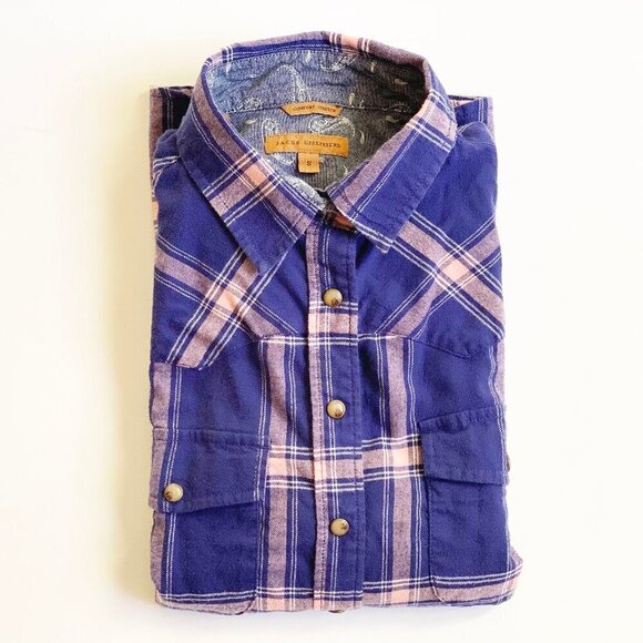 Jachs Girlfriend Womens Purple Plaid Flannel Shirt Pearl Snap Buttons Tab Sleeve - Picture 12 of 12